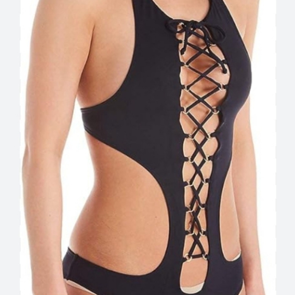 Chic Black Lace-Up One-Piece Swimsuit